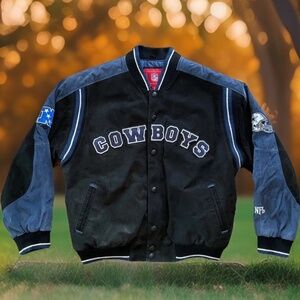 NFL Dallas Cowboys Unisex L Black Blue Suede Leather Lined Varsity Jacket Coat
